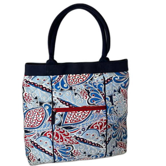 Vera Bradley Seaside Blue White Red Paisley Print Quilted Canvas Large Tote Bag - Picture 5 of 11